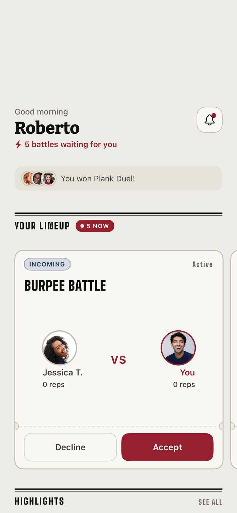 FitFights home showing five battles waiting and an incoming burpee battle to accept