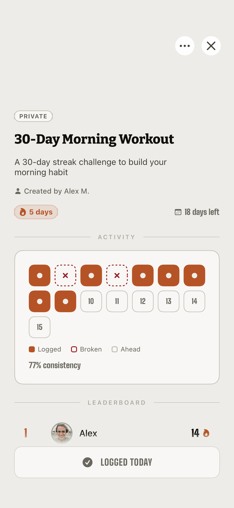 FitFights streak challenge with its punch card of logged days